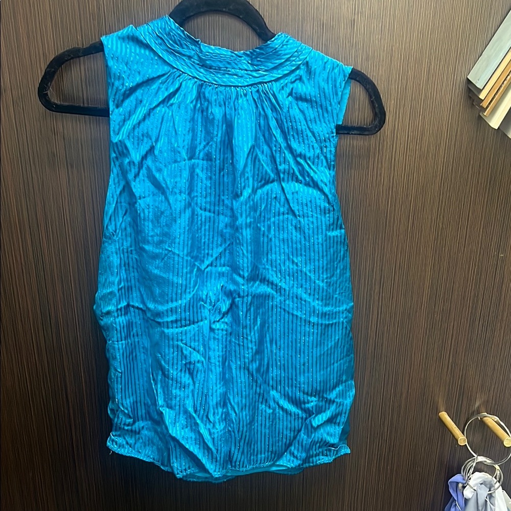 White House Black Market Blue Ruched Mandarin Collar Tank